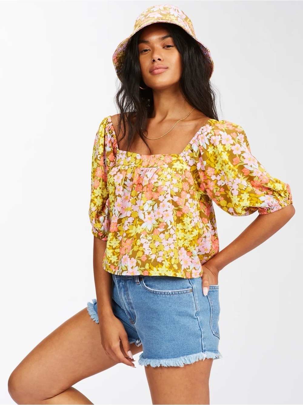 Billabong Yellow and Pink Floral Square-Neck Puff Sleeve Top